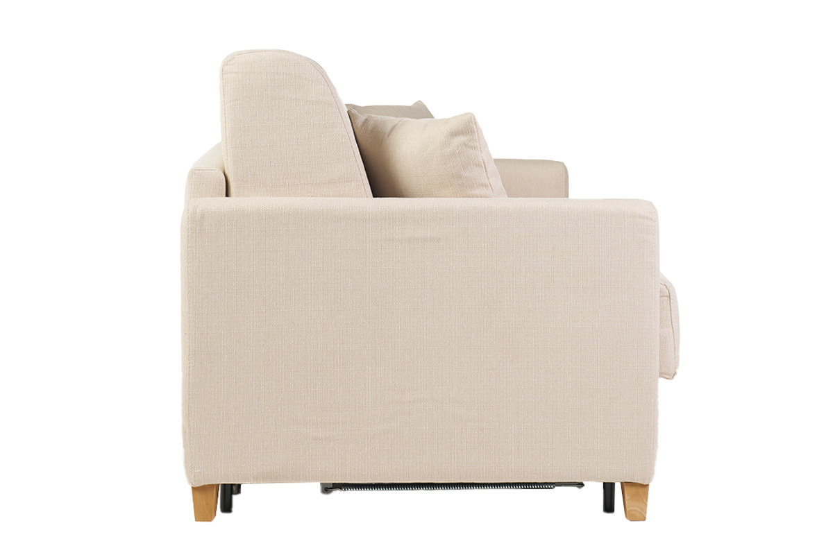 Divano letto 3 posti in tessuto beige e legno chiaro con materasso 18 cm SKANDY