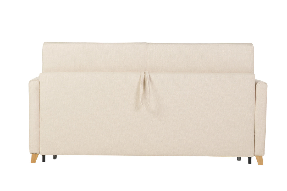 Divano letto 3 posti in tessuto beige e legno chiaro con materasso 18 cm SKANDY