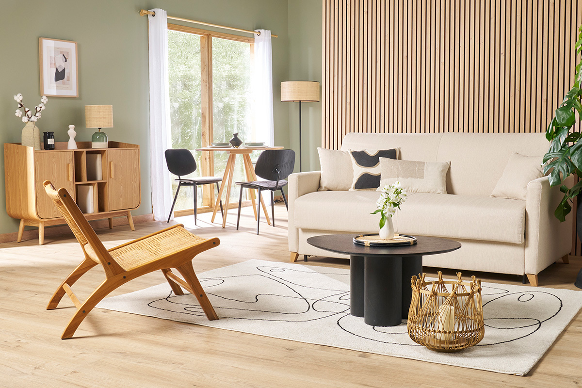 Divano letto 3 posti in tessuto beige e legno chiaro con materasso 18 cm SKANDY
