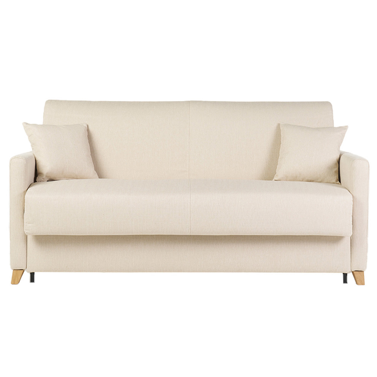 Divano letto 3 posti in tessuto beige e legno chiaro con materasso 18 cm SKANDY