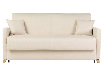 Divano letto 3 posti in tessuto beige e legno chiaro con materasso 18 cm SKANDY