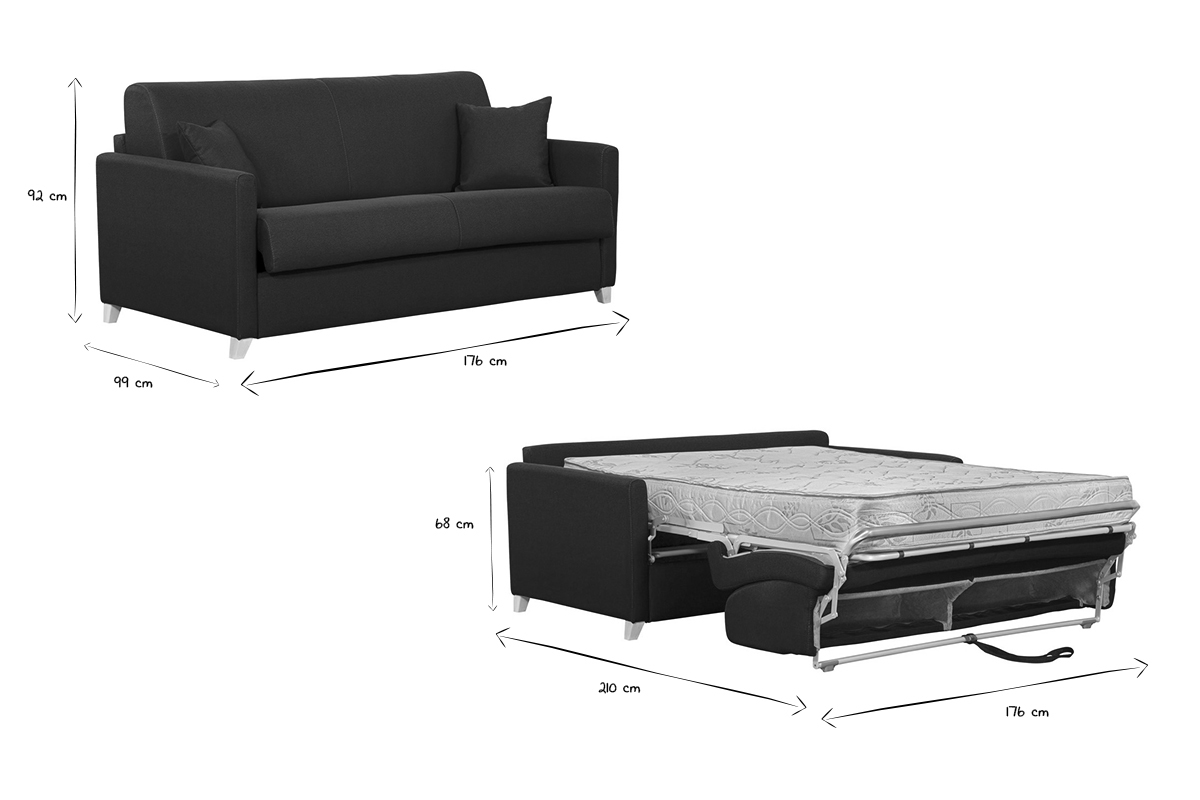 Divano letto 3 posti in tessuto blu anatra e legno chiaro con materasso 18 cm SKANDY