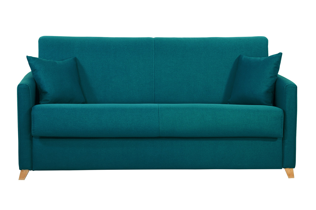 Divano letto 3 posti in tessuto blu anatra e legno chiaro con materasso 18 cm SKANDY