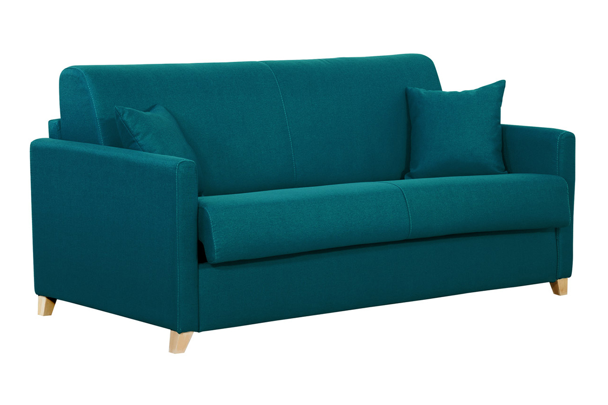 Divano letto 3 posti in tessuto blu anatra e legno chiaro con materasso 18 cm SKANDY