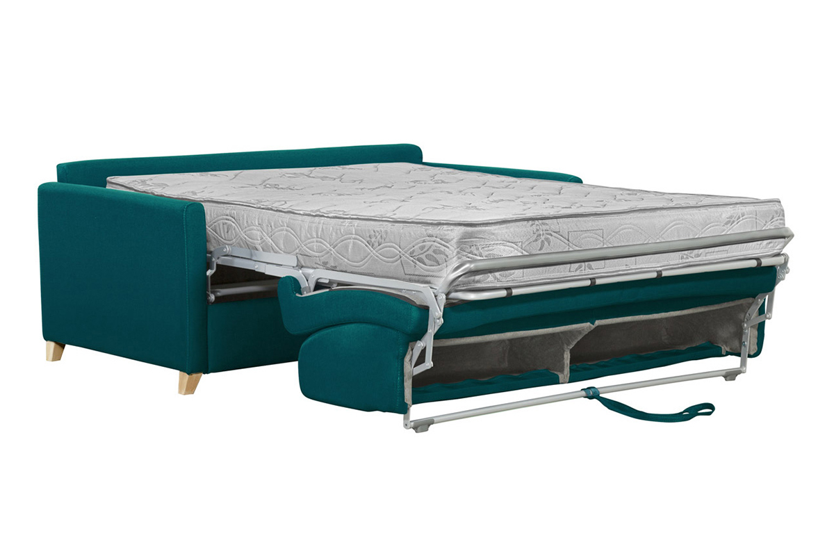 Divano letto 3 posti in tessuto blu anatra e legno chiaro con materasso 18 cm SKANDY