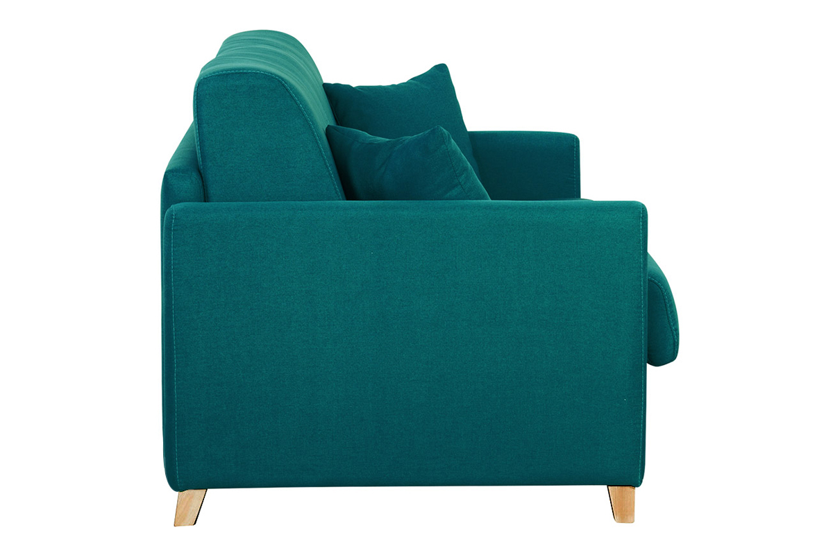 Divano letto 3 posti in tessuto blu anatra e legno chiaro con materasso 18 cm SKANDY