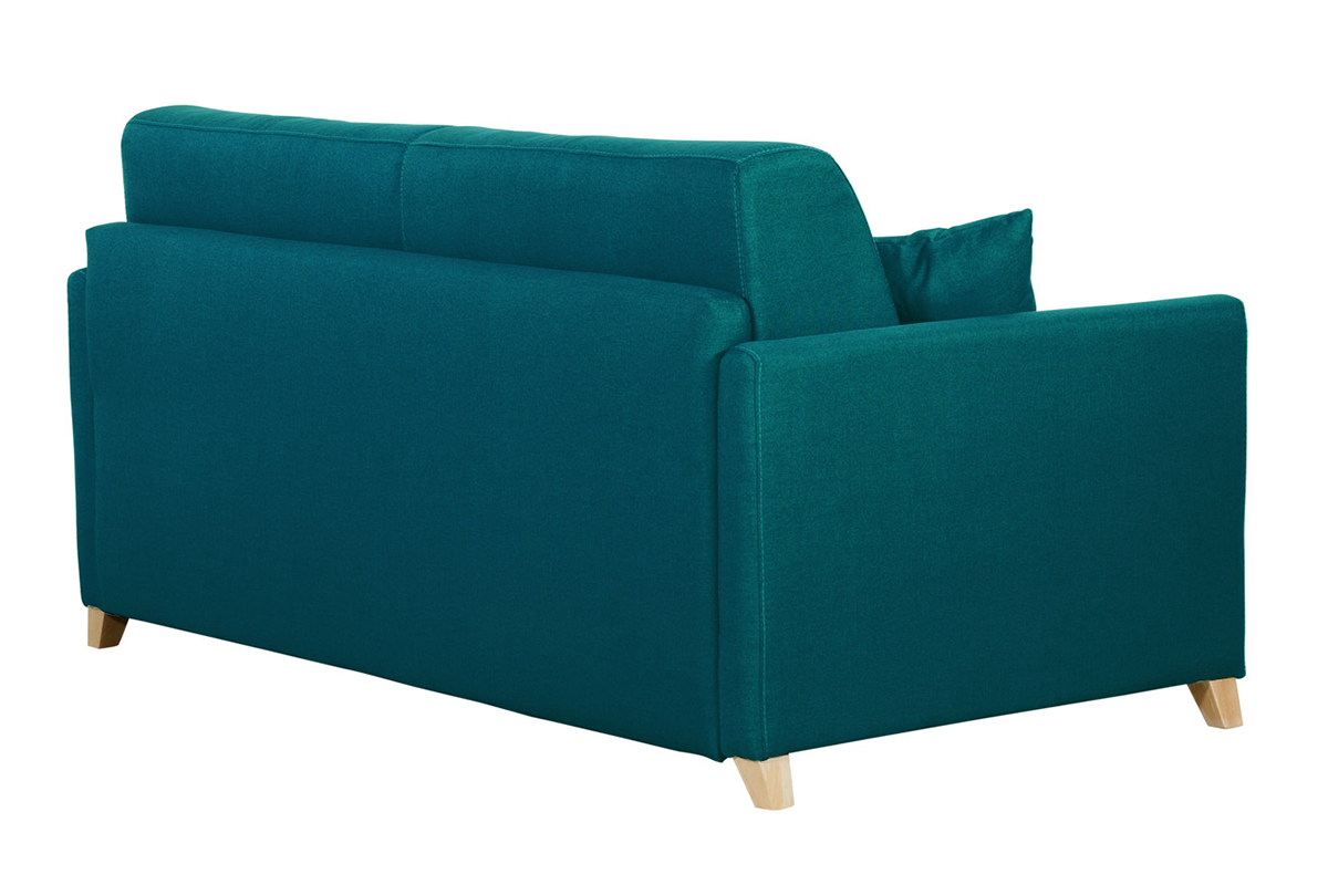 Divano letto 3 posti in tessuto blu anatra e legno chiaro con materasso 18 cm SKANDY