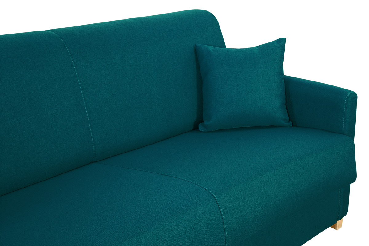Divano letto 3 posti in tessuto blu anatra e legno chiaro con materasso 18 cm SKANDY
