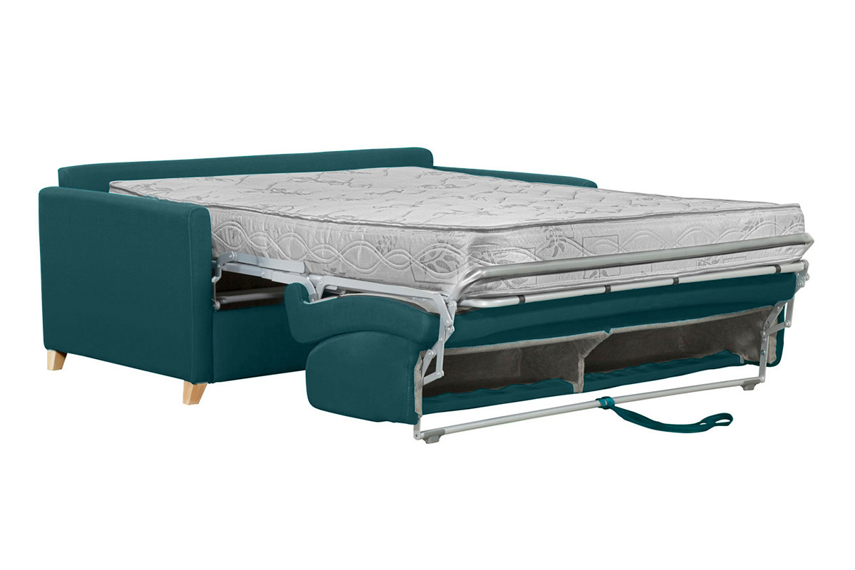 Divano letto 3 posti in tessuto blu anatra e legno chiaro con materasso 18 cm SKANDY
