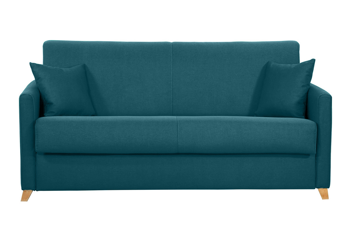 Divano letto 3 posti in tessuto blu anatra e legno chiaro con materasso 18 cm SKANDY