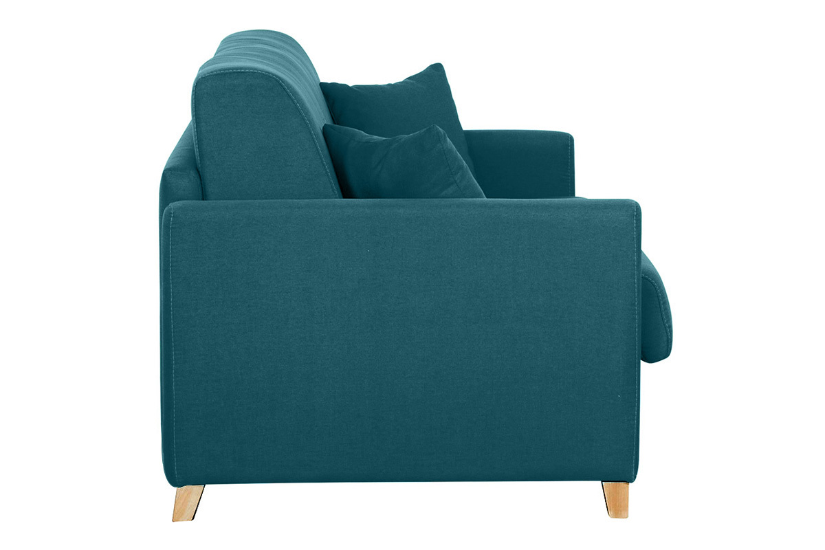 Divano letto 3 posti in tessuto blu anatra e legno chiaro con materasso 18 cm SKANDY