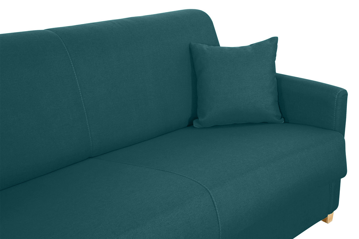 Divano letto 3 posti in tessuto blu anatra e legno chiaro con materasso 18 cm SKANDY