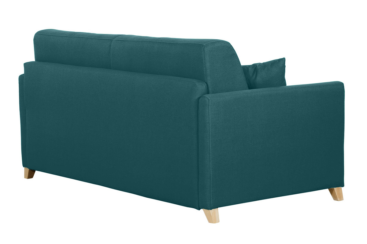 Divano letto 3 posti in tessuto blu anatra e legno chiaro con materasso 18 cm SKANDY