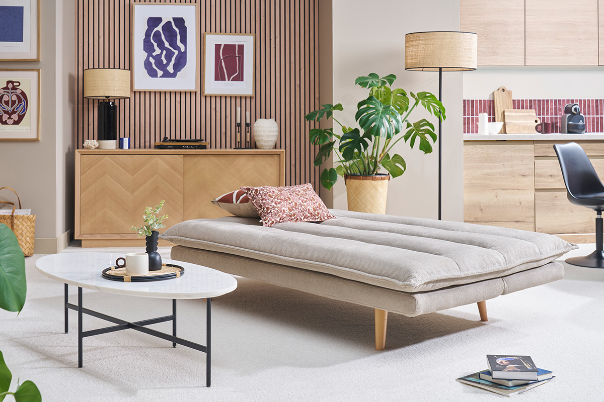 Divano letto 3 posti in tessuto ciniglia beige e legno chiaro BINGO