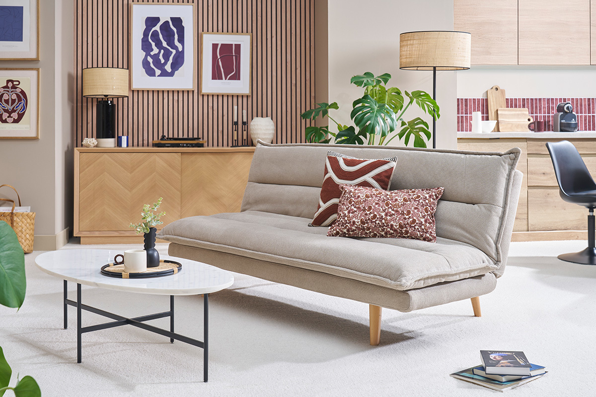 Divano letto 3 posti in tessuto ciniglia beige e legno chiaro BINGO