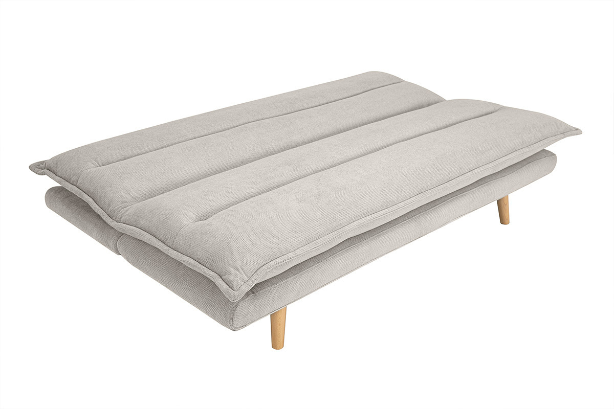Divano letto 3 posti in tessuto ciniglia beige e legno chiaro BINGO