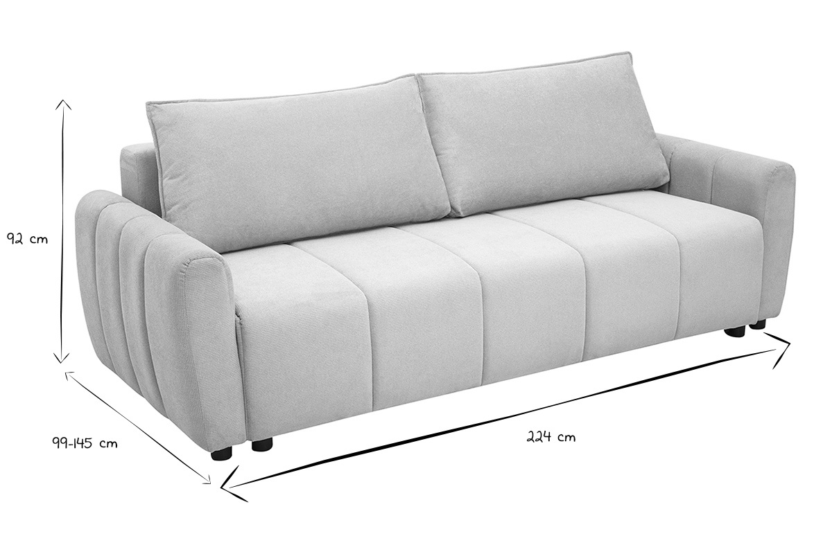 Dimensioni del divano letto FOLDY in bianco e nero: 224 cm di larghezza, 92 cm di altezza, 99-145 cm di profondit�.