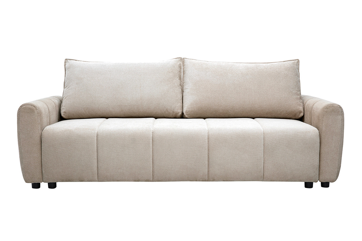 Divano letto 3 posti FOLDY in tessuto ciniglia beige, vista frontale con cuscini.