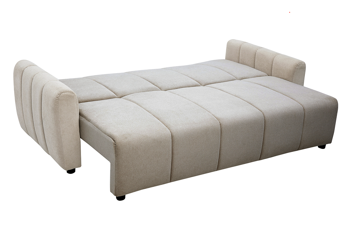 Divano letto a 3 posti in tessuto chenille beige FOLDY, vista dall'alto.