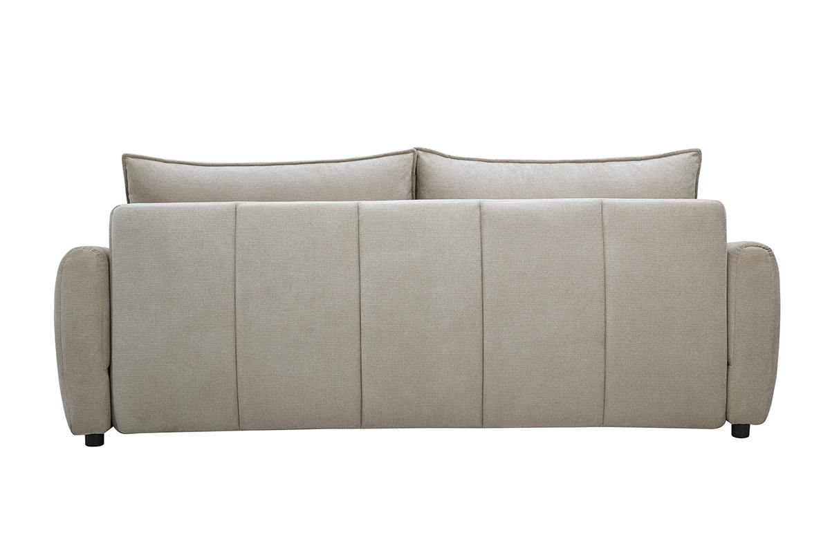 Divano letto a 3 posti in tessuto ciniglia beige, vista posteriore con cuscini morbidi.