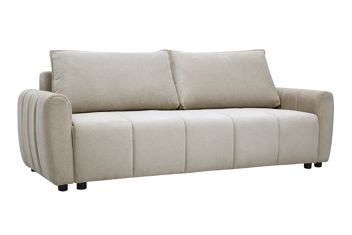 Divano letto a 3 posti in tessuto ciniglia beige, vista 3/4