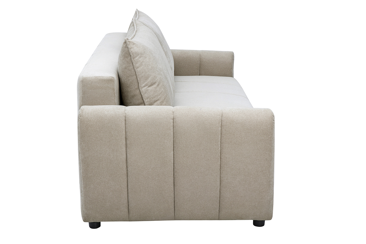 Divano letto 3 posti in tessuto ciniglia beige, vista di profilo