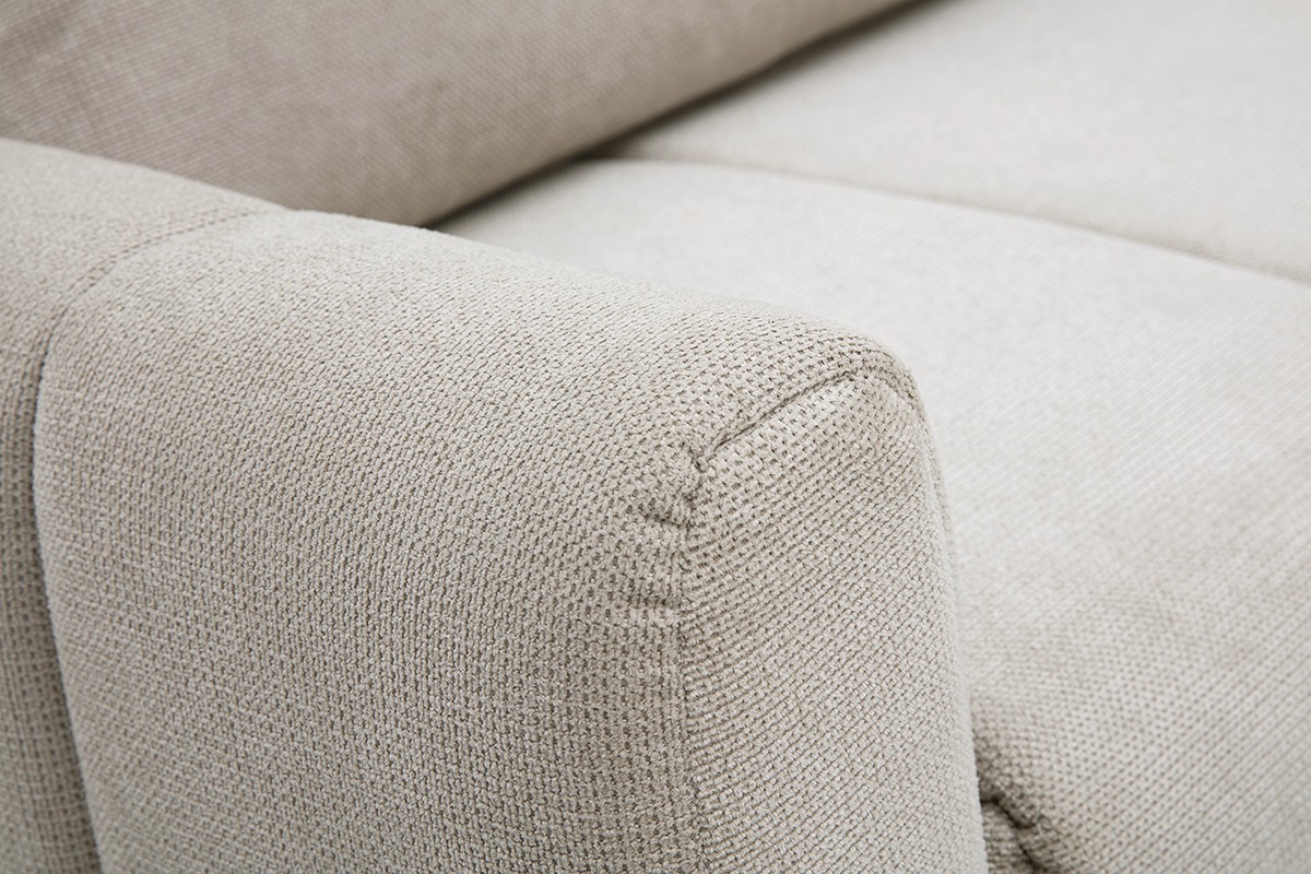 Bracciolo del divano letto FOLDY in tessuto chenille beige, vista ravvicinata.
