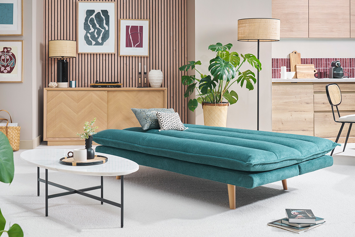 Divano letto 3 posti in tessuto ciniglia cedrato e legno chiaro BINGO