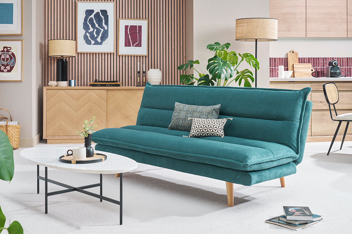 Divano letto 3 posti in tessuto ciniglia cedrato e legno chiaro BINGO