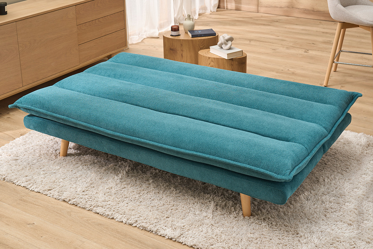 Divano letto 3 posti in tessuto ciniglia cedrato e legno chiaro BINGO