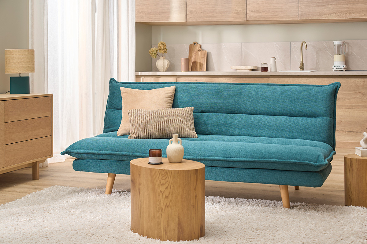 Divano letto 3 posti in tessuto ciniglia cedrato e legno chiaro BINGO