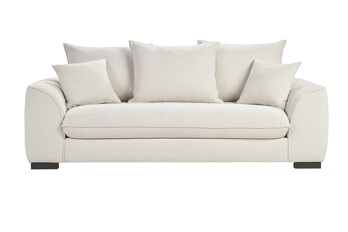 Divano letto a 3 posti in tessuto beige, vista frontale.