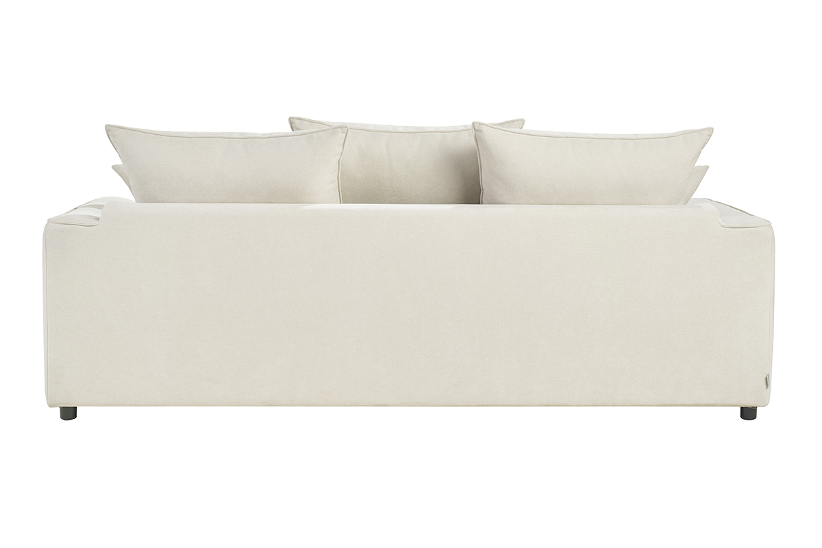 Divano letto a 3 posti in tessuto beige, vista posteriore.