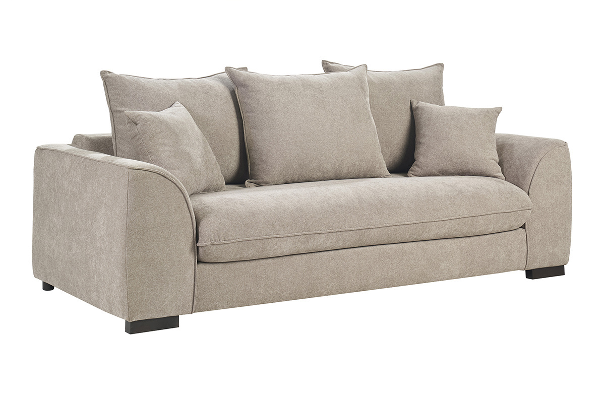 Divano letto 3 posti in tessuto color talpa, vista a tre quarti con cuscini assortiti.