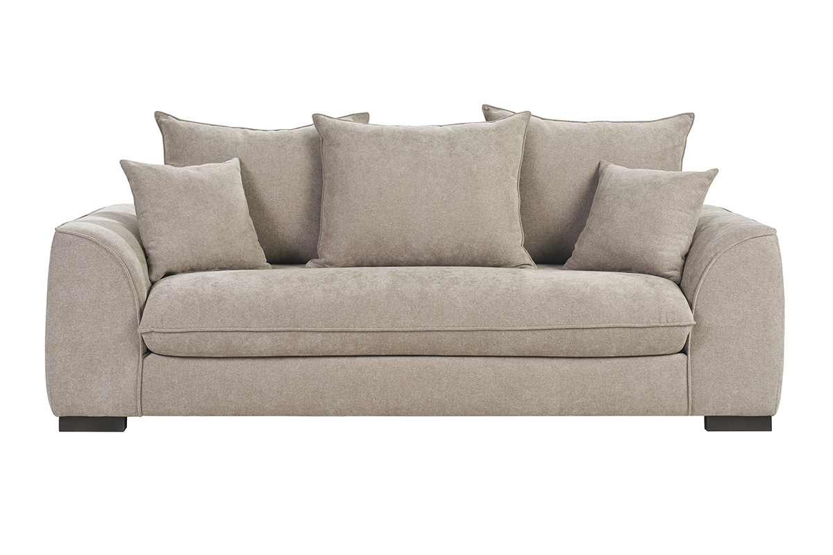 Divano letto a 3 posti color taupe, effetto velluto, vista frontale.