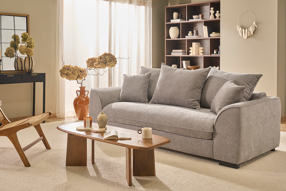 Divano letto 3 posti in tessuto effetto velluto taupe con materasso 12 cm ARMAND