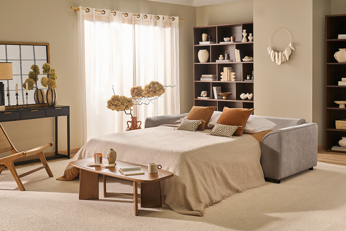 Divano letto 3 posti in tessuto effetto velluto taupe con materasso 12 cm ARMAND