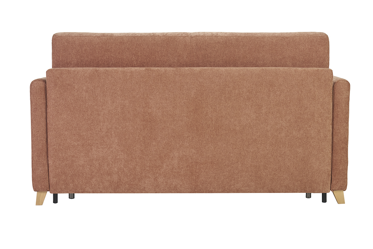 Divano letto 3 posti, vista posteriore, tessuto effetto velluto terra bruciata, piedi in legno chiaro.