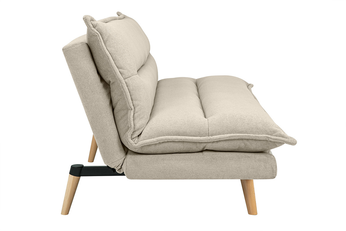 Divano letto 3 posti in tessuto effetto velluto testurizzato beige e legno chiaro BINGO