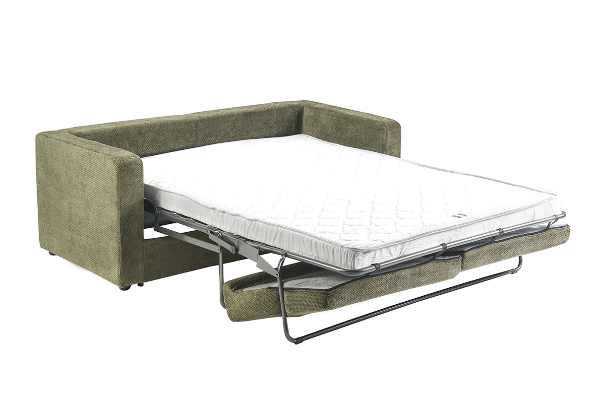 Divano letto 3 posti in velluto ciniglia verde kaki con materasso aperto di 13 cm