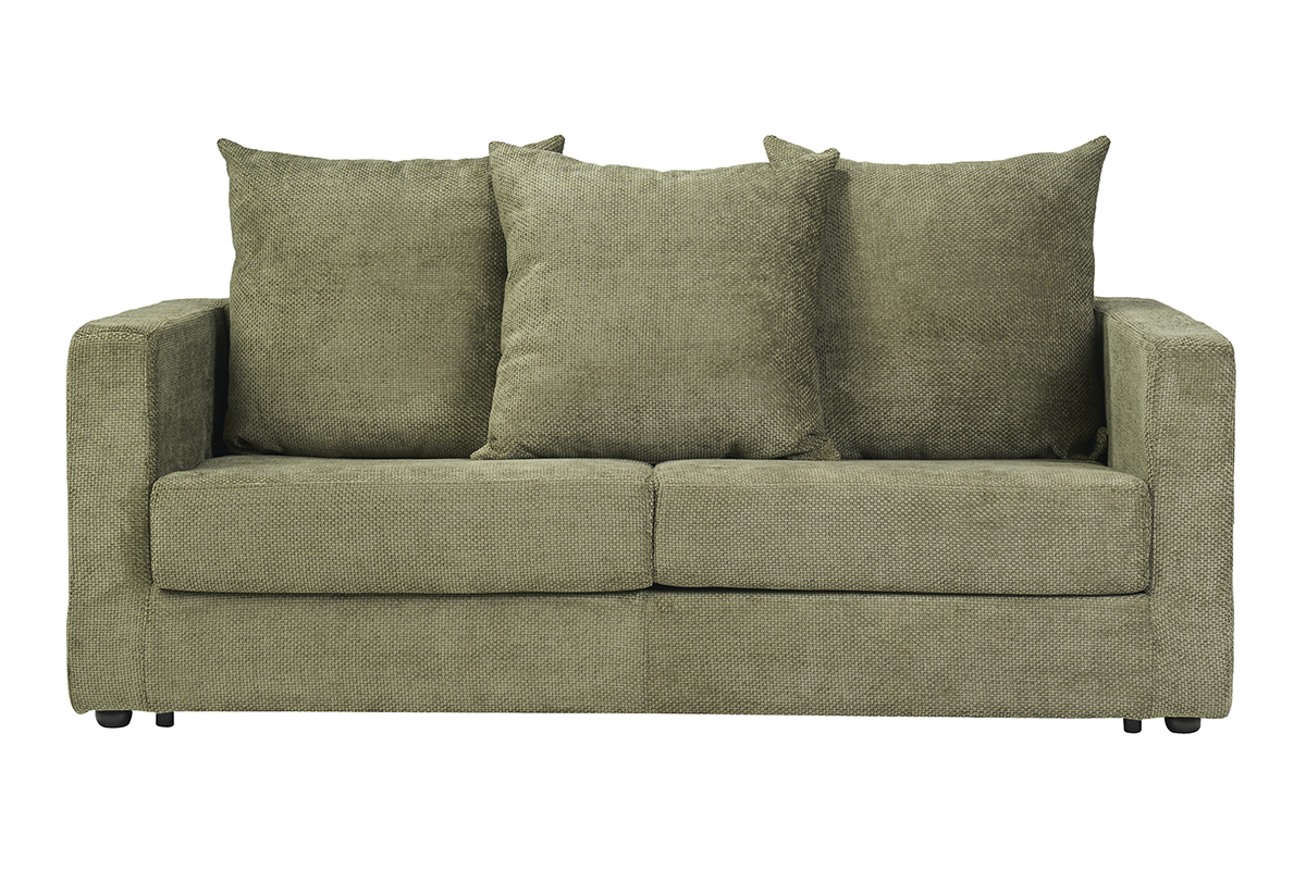 Divano letto a 3 posti in velluto chenille verde kaki, vista frontale con cuscini.