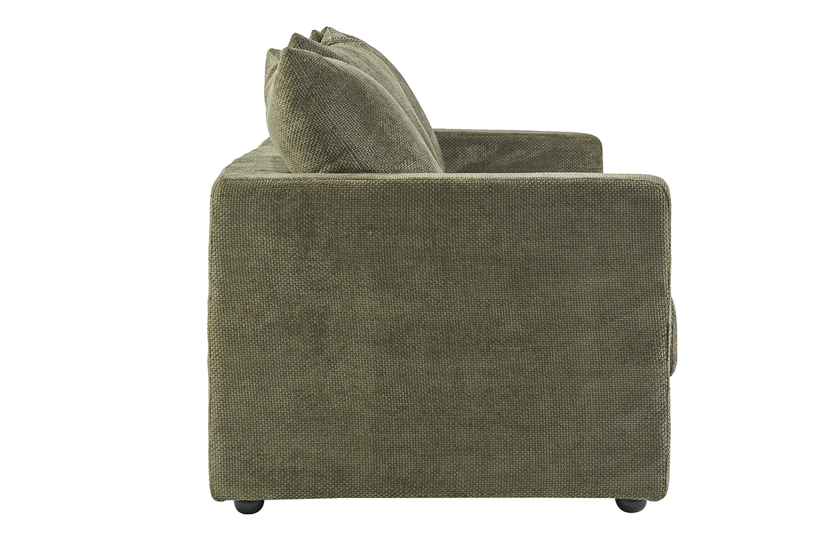 Divano convertibile a 3 posti in velluto chenille verde kaki, vista di profilo