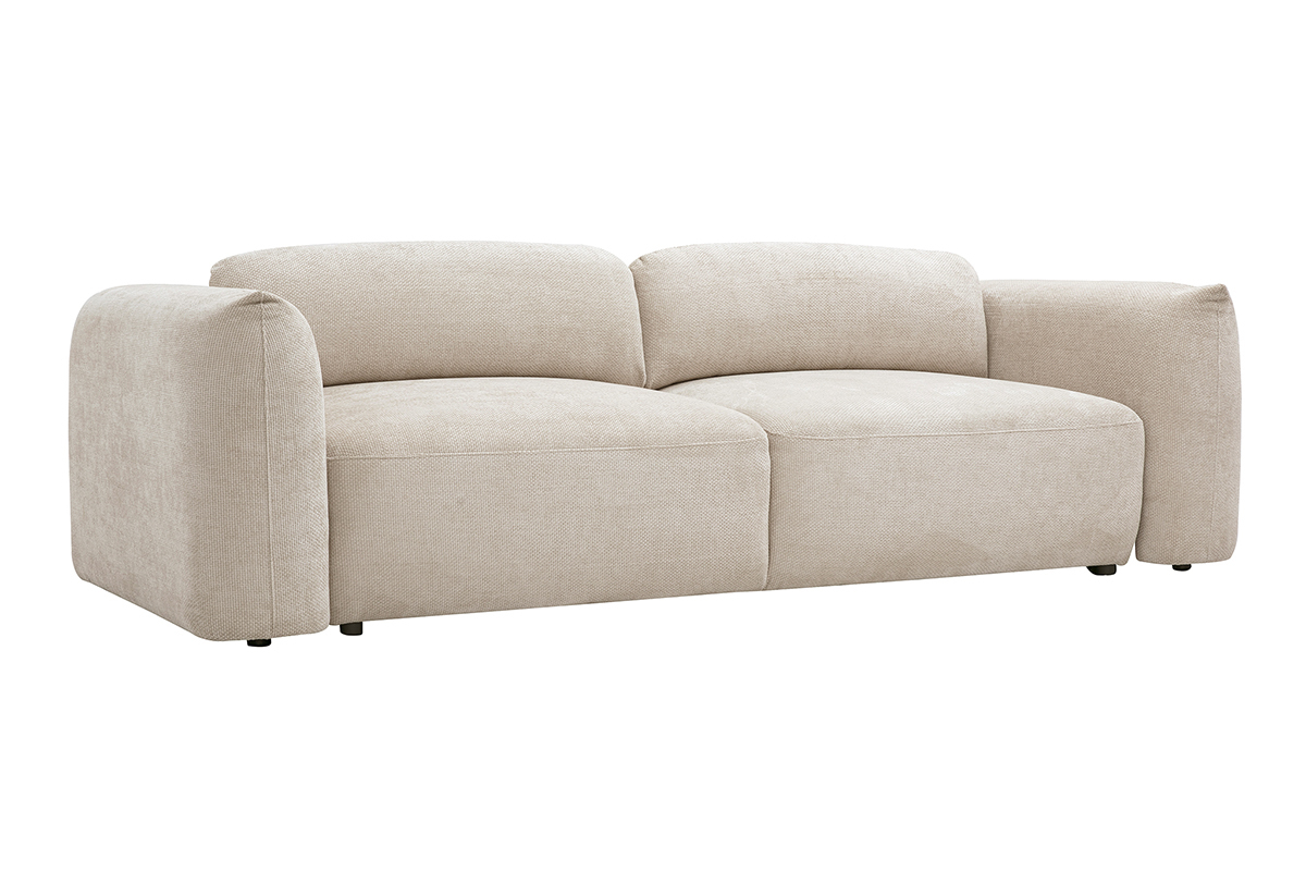 Divano letto 4 posti beige in velluto chenille, vista da 3/4.