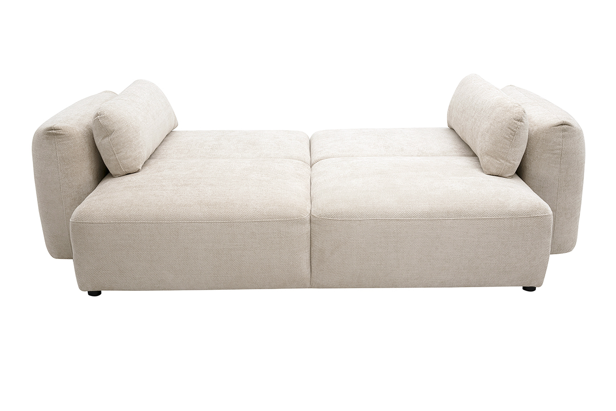 Divano letto SWELL beige in velluto chenille, in posizione aperta, vista dall'alto.
