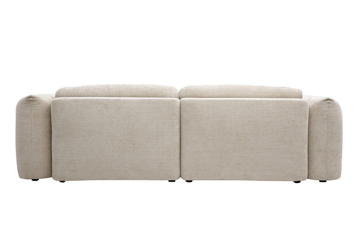 Vista posteriore del divano letto convertibile a 4 posti in velluto beige chenille.