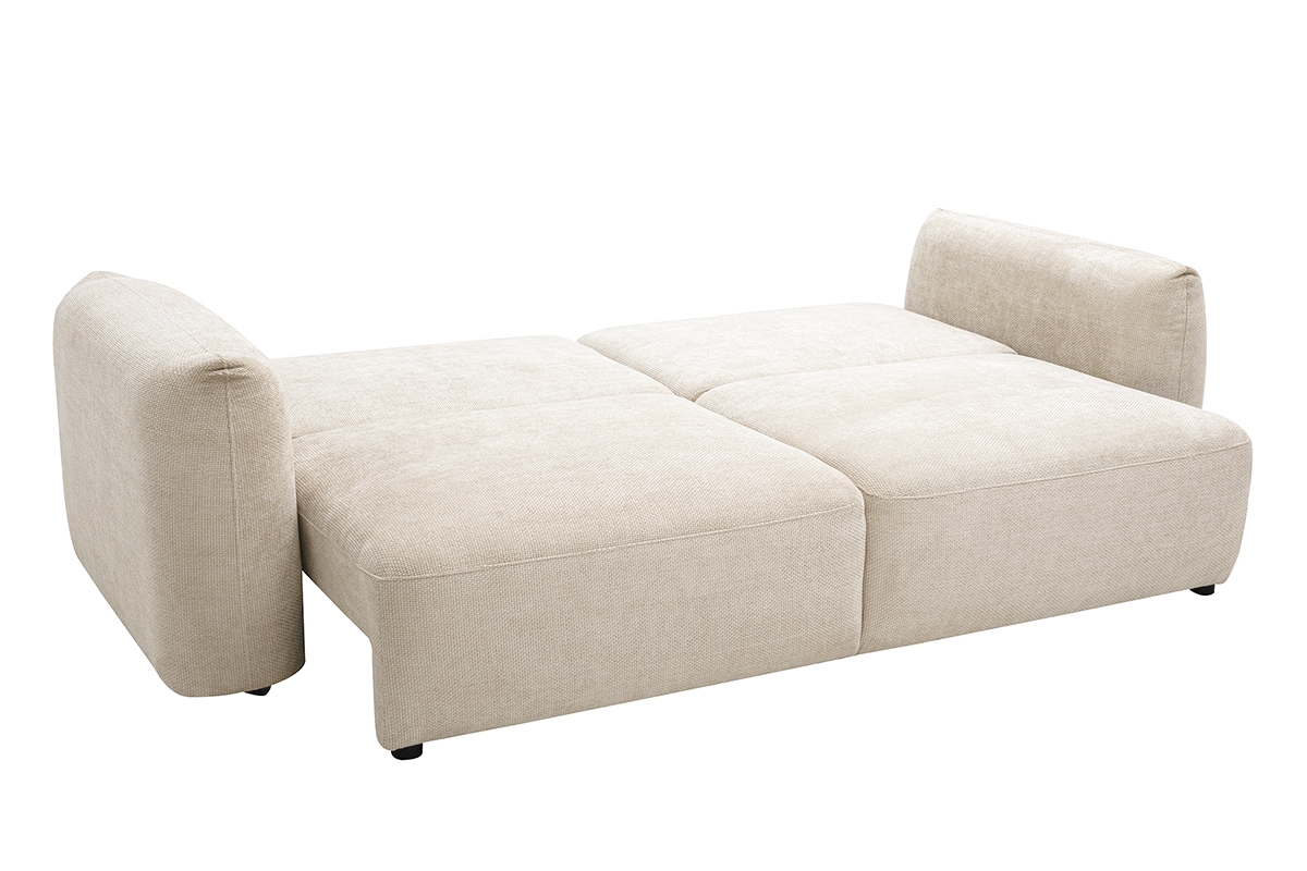 Divano letto SWELL in tessuto velluto ciniglia beige, con gli schienali abbassati, vista angolare.