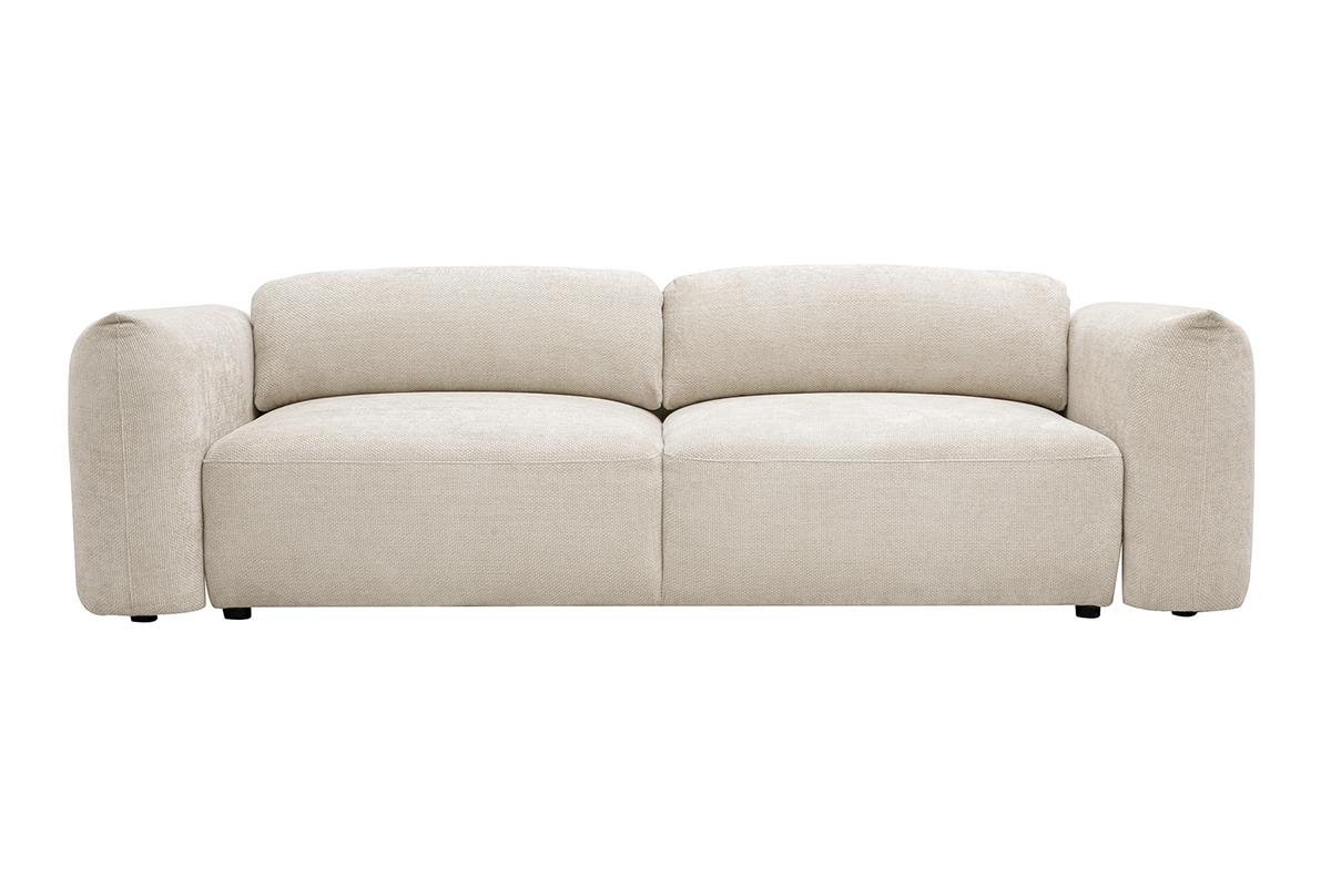 Divano letto beige 4 posti in tessuto velluto ciniglia, vista frontale.