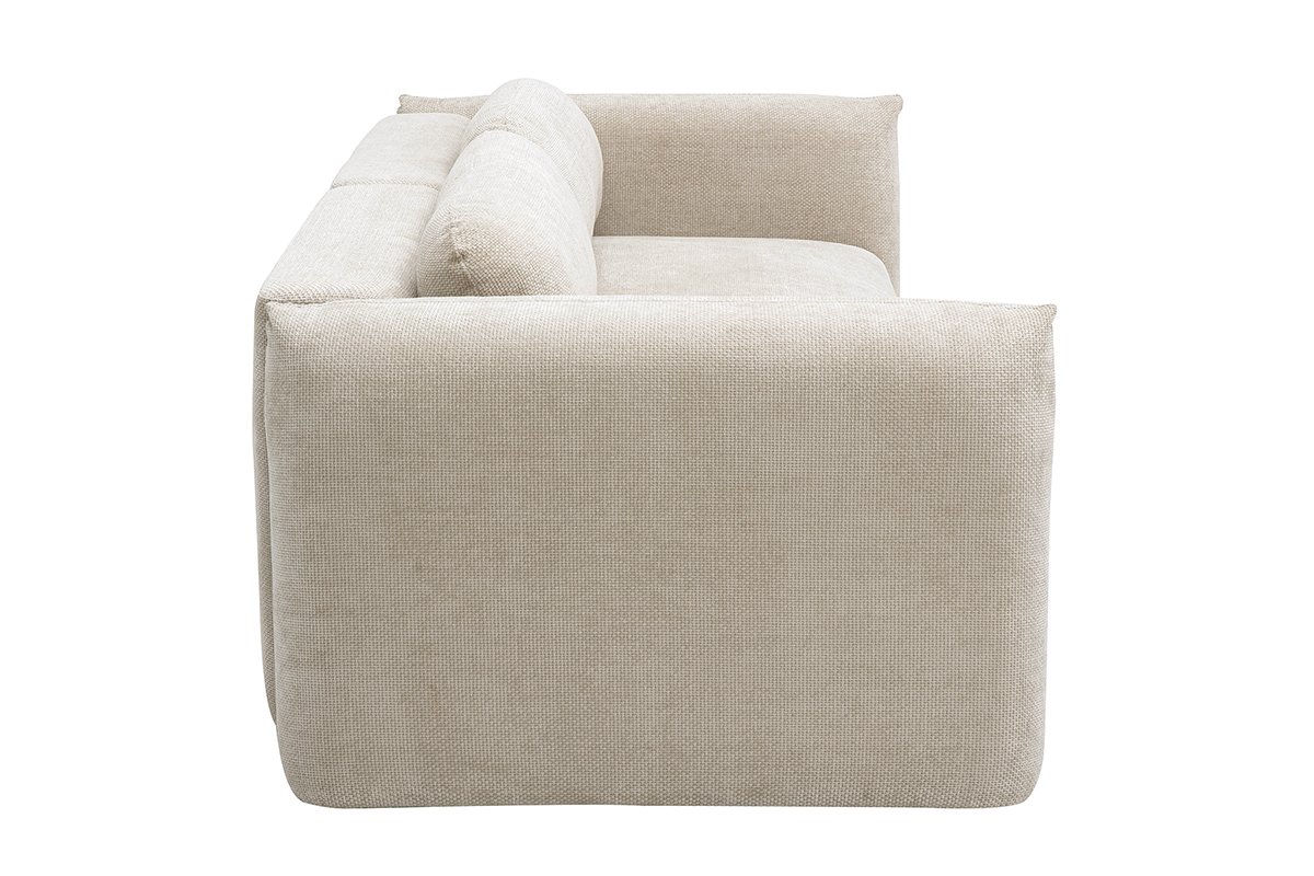 Divano letto beige in tessuto velluto chenille, vista laterale.