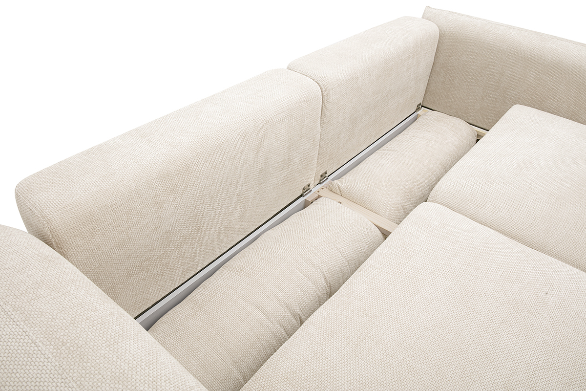 Divano letto beige SWELL in velluto, vista interna del vano portaoggetti aperto.