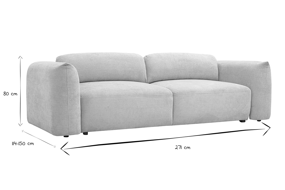 Divano letto 4 posti con dimensioni in nero e bianco, lungo 271 cm, alto 80 cm.